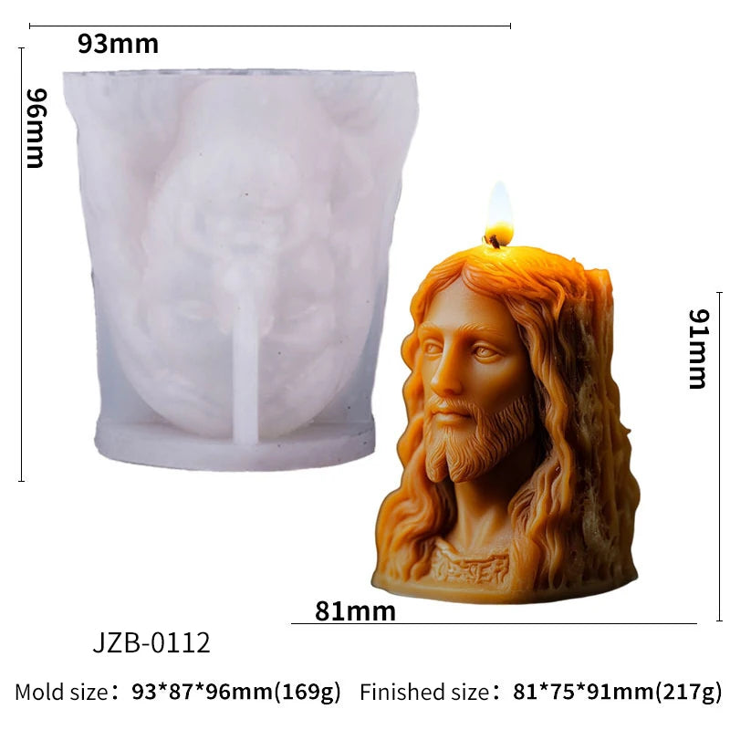 Silicone candle mold in Jesus statue design by LAQTA, showing detailed mold with Jesus figure for crafting candles.